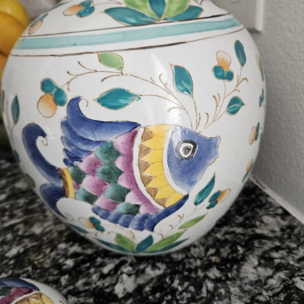 Porcelain Fish Chinese Asian Chinoiserie‎ Ginger Jars  stamped with makers mark